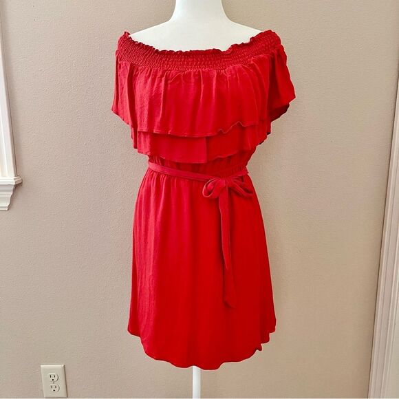 Lovers + Friends Orange Ruffle Dress Off The Shoulder Tie Waist Size Medium - Picture 5 of 9